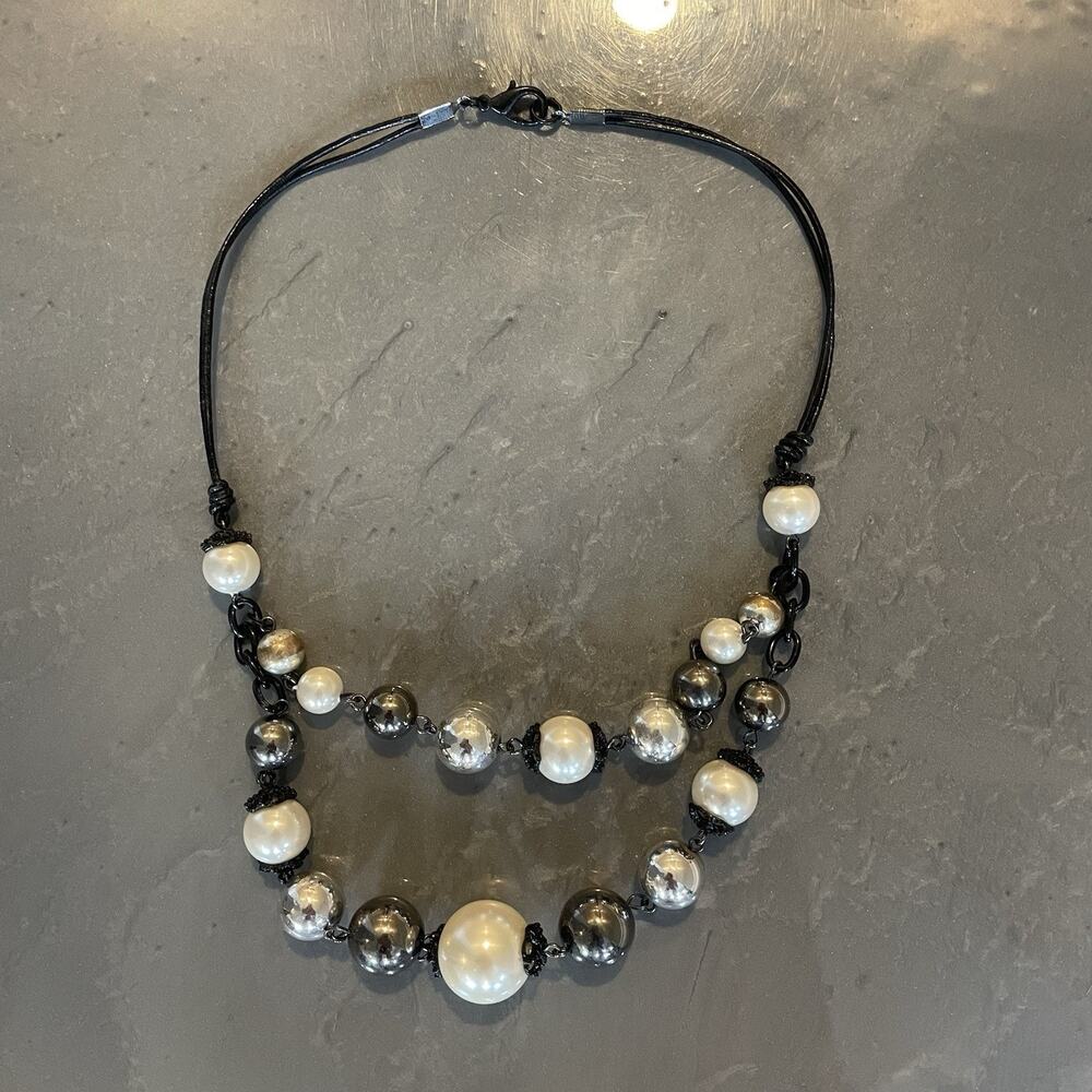 White House Black Market 2 Strand Black Corded Silver Pearl Necklace‎ WHBM